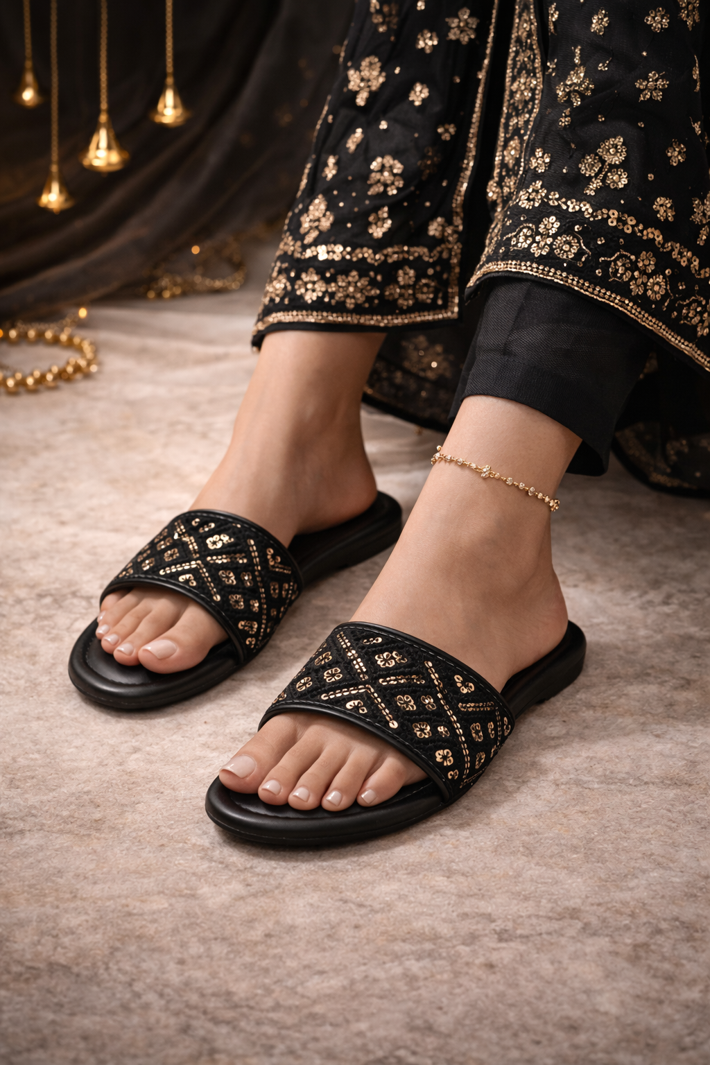Midnight Gold Embroidered | Sliders